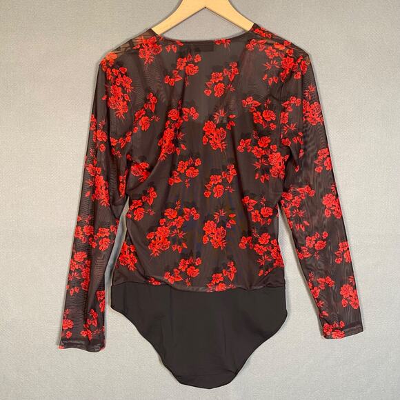 Tahari Womens Dark Floral Wrap Bodysuit Size Large Sheer Whimsigoth Romantic - Picture 7 of 10